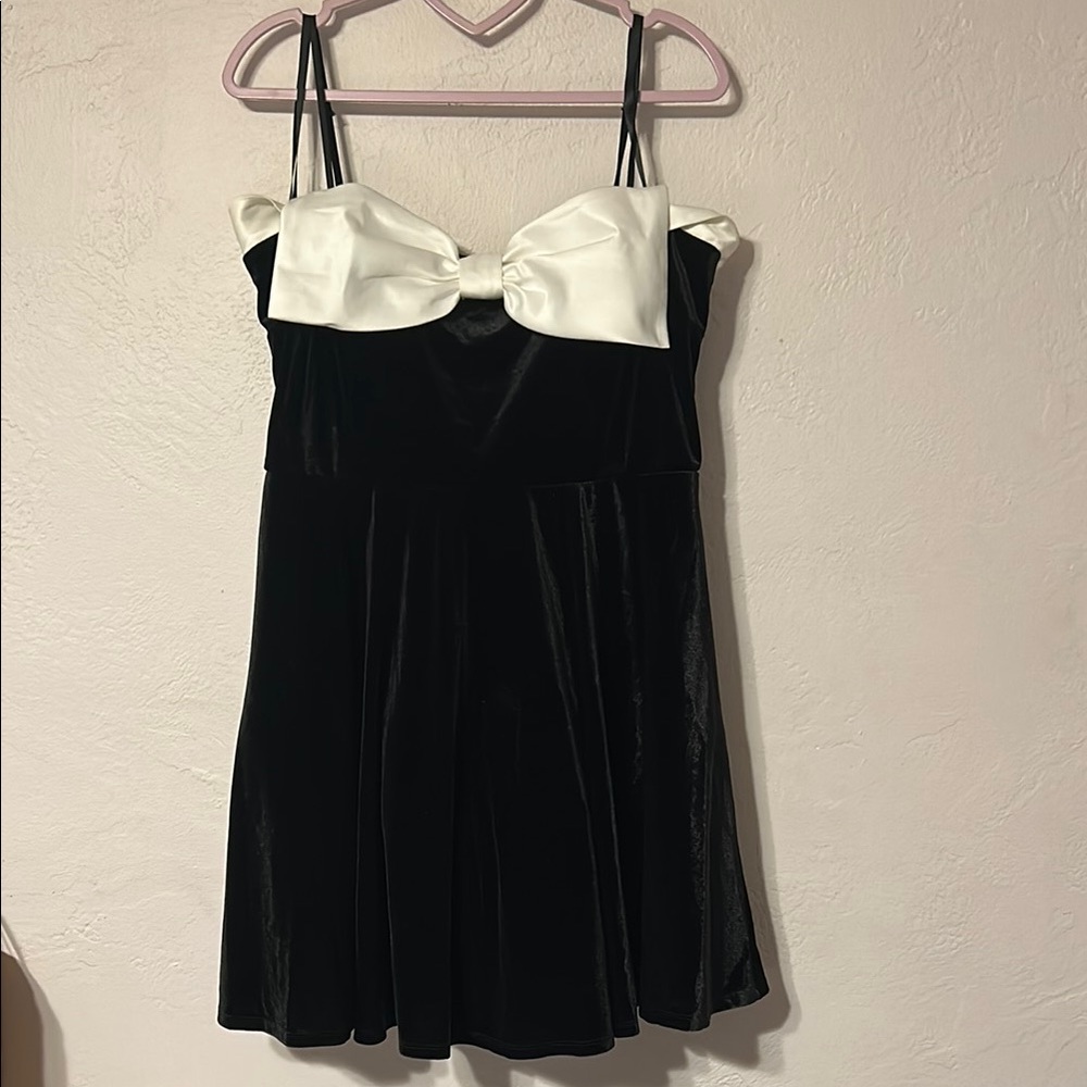 Black Velvet Dress with White Bow